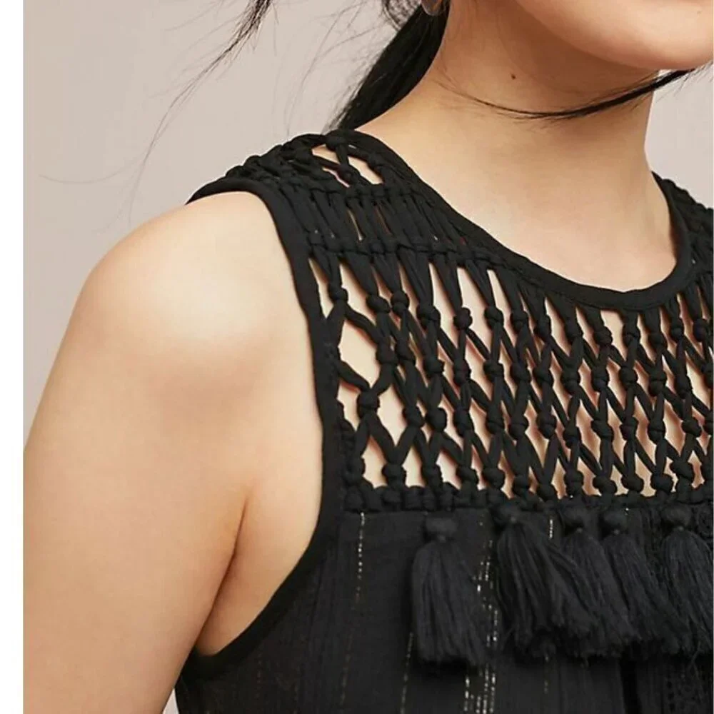 Anthropologie Maxi Dress Womens Black Sleeveless Cotton Tassel Ties Black Gold